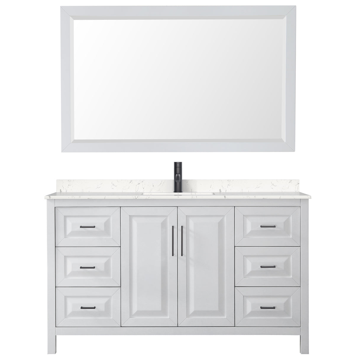 Daria 60 Inch Single Bathroom Vanity in White Carrara Cultured Marble Countertop Undermount Square Sink Matte Black Trim 58 Inch Mirror