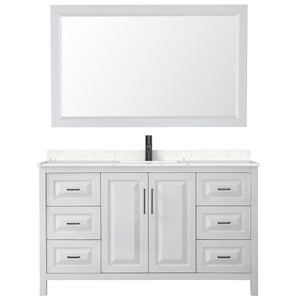Daria 60 Inch Single Bathroom Vanity in White Carrara Cultured Marble Countertop Undermount Square Sink Matte Black Trim 58 Inch Mirror