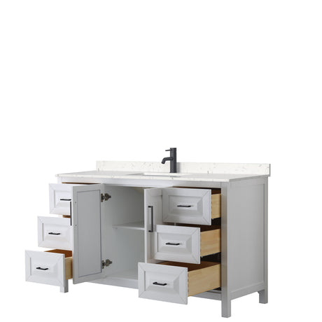 Daria 60 Inch Single Bathroom Vanity in White Carrara Cultured Marble Countertop Undermount Square Sink Matte Black Trim
