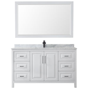 Daria 60 Inch Single Bathroom Vanity in White White Carrara Marble Countertop Undermount Square Sink Matte Black Trim 58 Inch Mirror