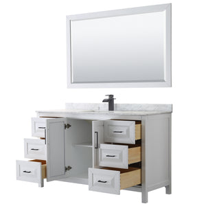 Daria 60 Inch Single Bathroom Vanity in White White Carrara Marble Countertop Undermount Square Sink Matte Black Trim 58 Inch Mirror