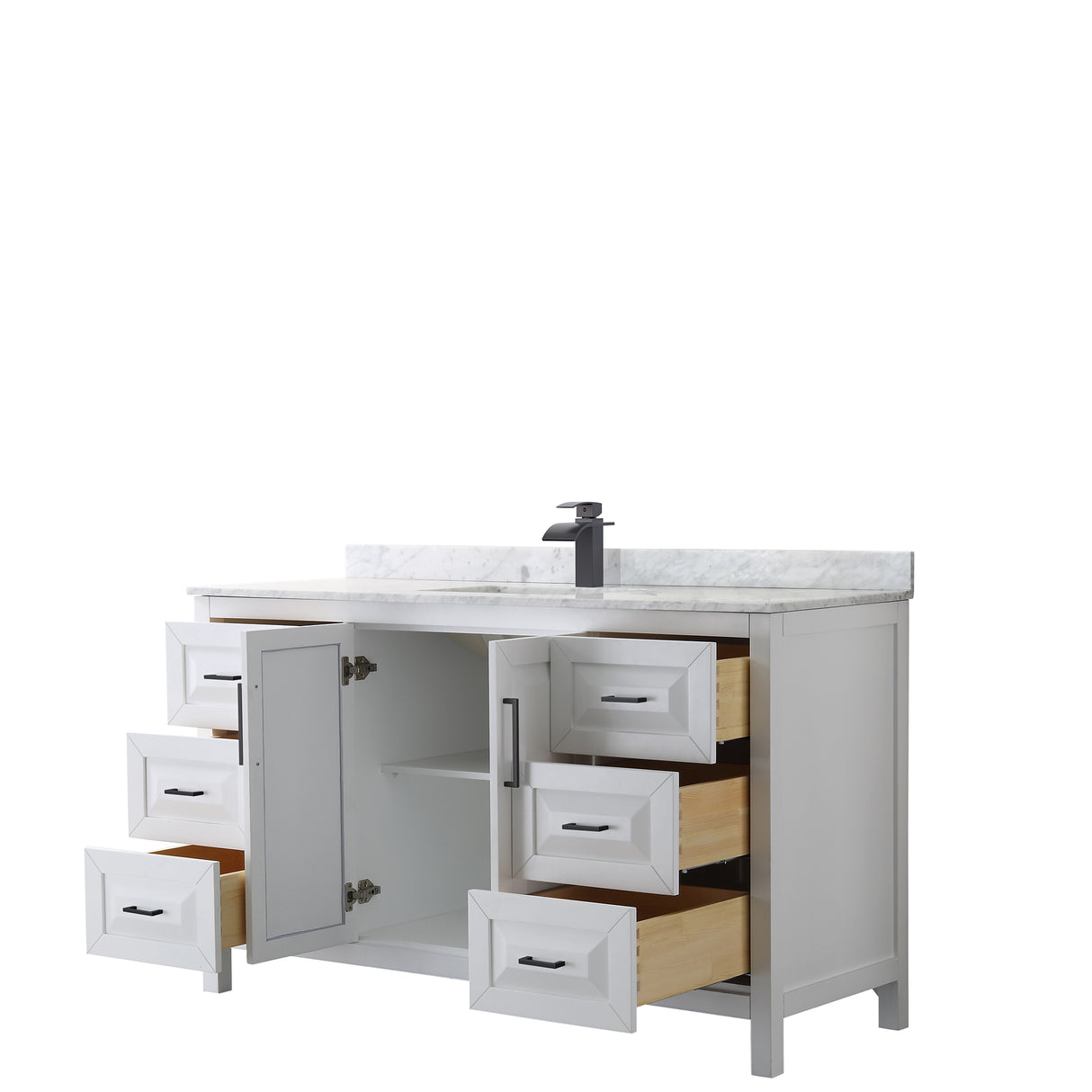 Daria 60 Inch Single Bathroom Vanity in White White Carrara Marble Countertop Undermount Square Sink Matte Black Trim