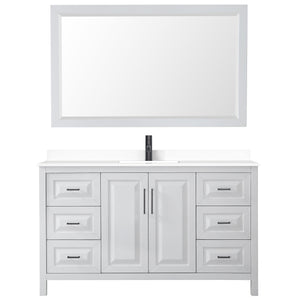 Daria 60 Inch Single Bathroom Vanity in White White Cultured Marble Countertop Undermount Square Sink Matte Black Trim 58 Inch Mirror