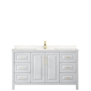 Daria 60 Inch Single Bathroom Vanity in White Carrara Cultured Marble Countertop Undermount Square Sink Brushed Gold Trim