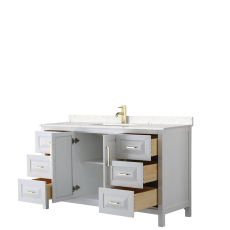 Daria 60 Inch Single Bathroom Vanity in White Carrara Cultured Marble Countertop Undermount Square Sink Brushed Gold Trim