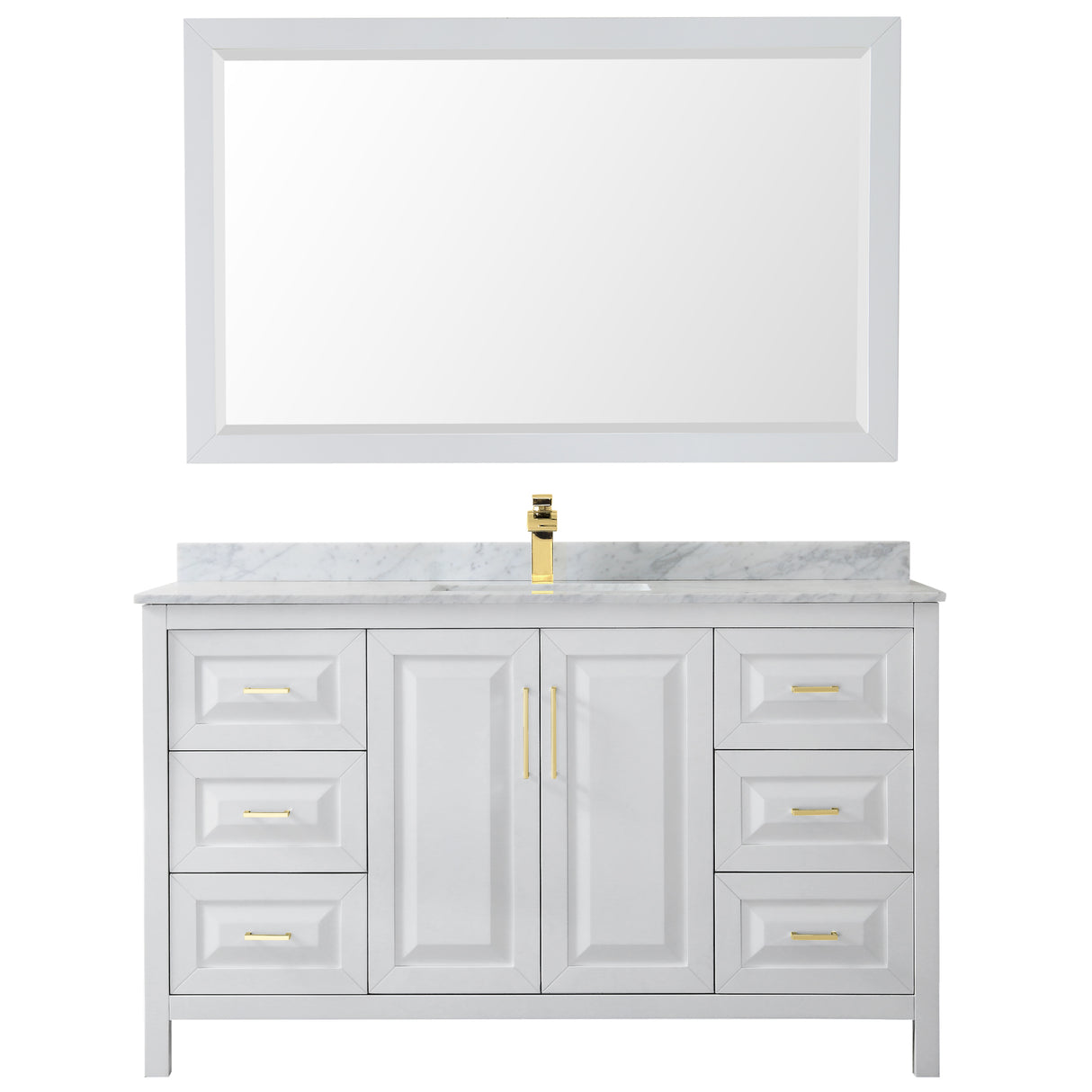 Daria 60 Inch Single Bathroom Vanity in White White Carrara Marble Countertop Undermount Square Sink 58 Inch Mirror Brushed Gold Trim