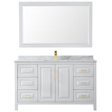 Daria 60 Inch Single Bathroom Vanity in White White Carrara Marble Countertop Undermount Square Sink 58 Inch Mirror Brushed Gold Trim