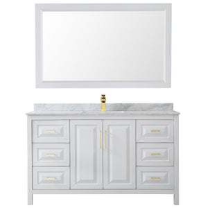 Daria 60 Inch Single Bathroom Vanity in White White Carrara Marble Countertop Undermount Square Sink 58 Inch Mirror Brushed Gold Trim