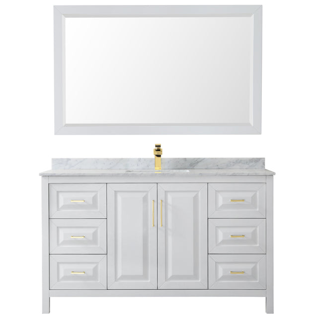 Daria 60 Inch Single Bathroom Vanity in White White Carrara Marble Countertop Undermount Square Sink 58 Inch Mirror Brushed Gold Trim