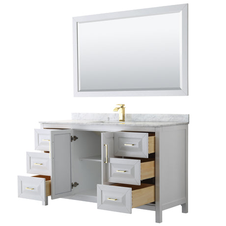 Daria 60 Inch Single Bathroom Vanity in White White Carrara Marble Countertop Undermount Square Sink 58 Inch Mirror Brushed Gold Trim