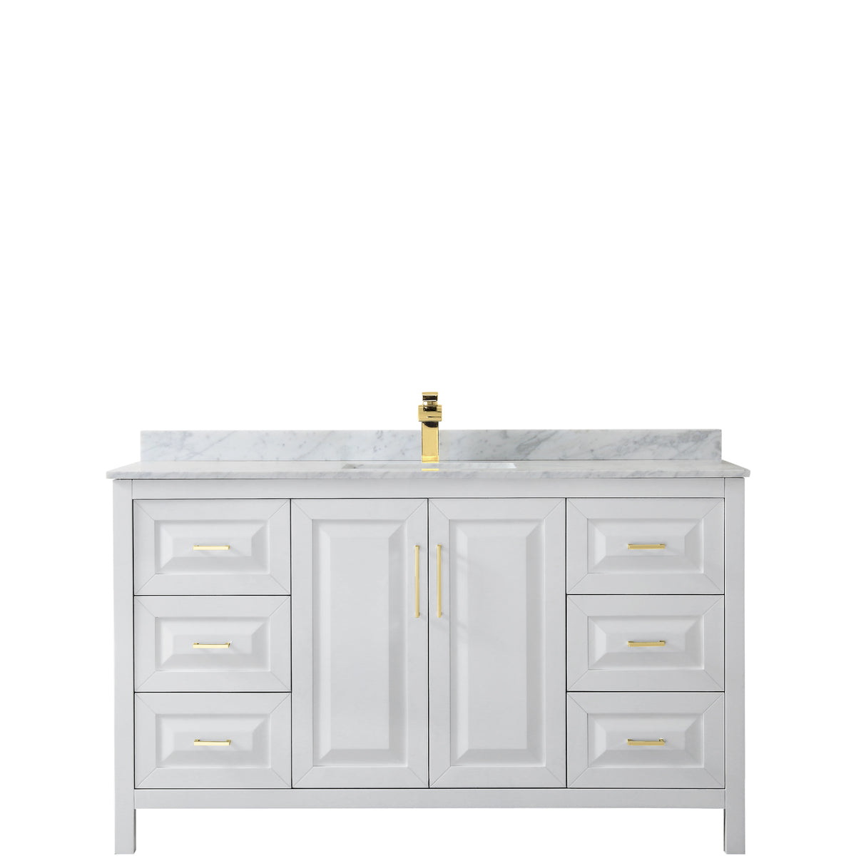 Daria 60 Inch Single Bathroom Vanity in White White Carrara Marble Countertop Undermount Square Sink Brushed Gold Trim