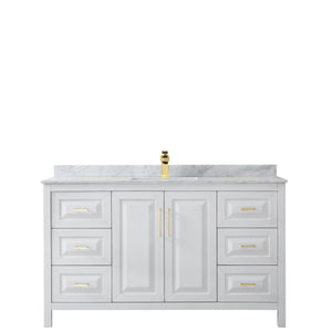 Daria 60 Inch Single Bathroom Vanity in White White Carrara Marble Countertop Undermount Square Sink Brushed Gold Trim