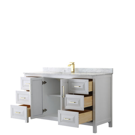 Daria 60 Inch Single Bathroom Vanity in White White Carrara Marble Countertop Undermount Square Sink Brushed Gold Trim