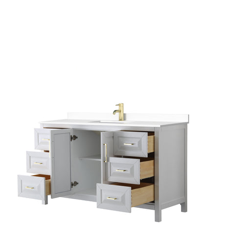 Daria 60 Inch Single Bathroom Vanity in White White Cultured Marble Countertop Undermount Square Sink Brushed Gold Trim