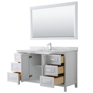 Daria 60 Inch Single Bathroom Vanity in White White Carrara Marble Countertop Undermount Square Sink and 58 Inch Mirror