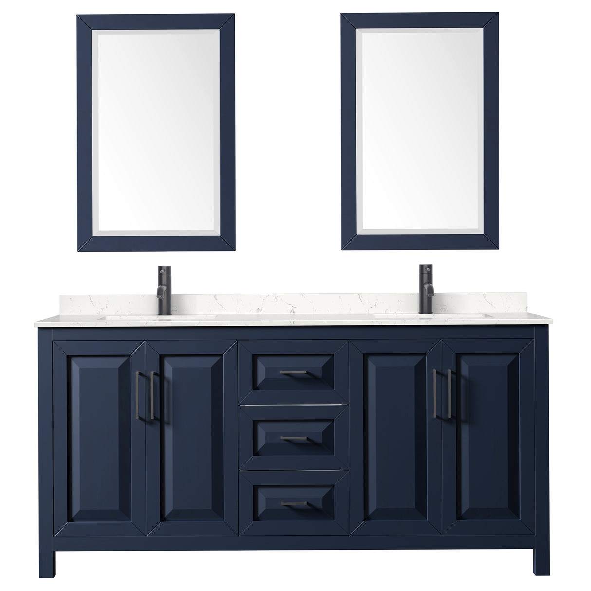 Daria 72 Inch Double Bathroom Vanity in Dark Blue Carrara Cultured Marble Countertop Undermount Square Sinks Matte Black Trim 24 Inch Mirrors