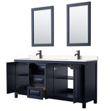 Daria 72 Inch Double Bathroom Vanity in Dark Blue Carrara Cultured Marble Countertop Undermount Square Sinks Matte Black Trim 24 Inch Mirrors