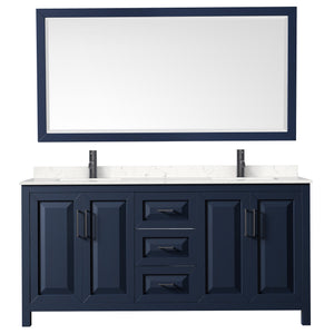 Daria 72 Inch Double Bathroom Vanity in Dark Blue Carrara Cultured Marble Countertop Undermount Square Sinks Matte Black Trim 70 Inch Mirror