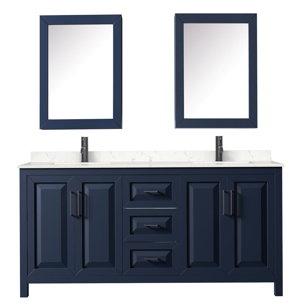 Daria 72 Inch Double Bathroom Vanity in Dark Blue Carrara Cultured Marble Countertop Undermount Square Sinks Matte Black Trim Medicine Cabinets