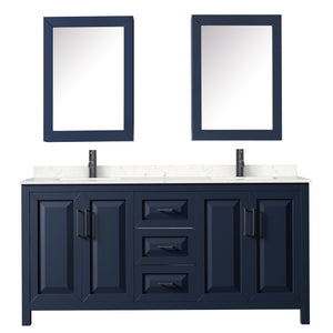 Daria 72 Inch Double Bathroom Vanity in Dark Blue Carrara Cultured Marble Countertop Undermount Square Sinks Matte Black Trim Medicine Cabinets