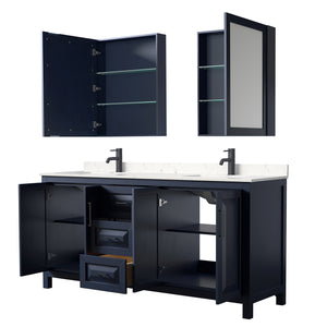 Daria 72 Inch Double Bathroom Vanity in Dark Blue Carrara Cultured Marble Countertop Undermount Square Sinks Matte Black Trim Medicine Cabinets