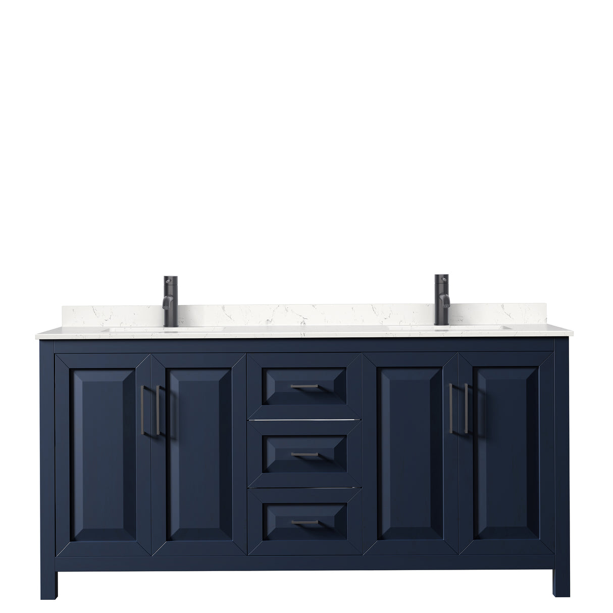 Daria 72 Inch Double Bathroom Vanity in Dark Blue Carrara Cultured Marble Countertop Undermount Square Sinks Matte Black Trim