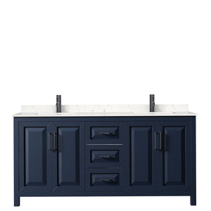 Daria 72 Inch Double Bathroom Vanity in Dark Blue Carrara Cultured Marble Countertop Undermount Square Sinks Matte Black Trim