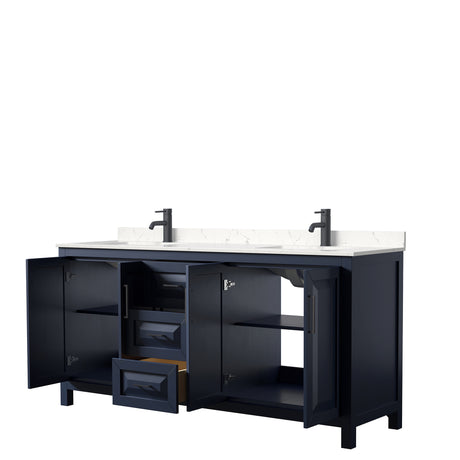 Daria 72 Inch Double Bathroom Vanity in Dark Blue Carrara Cultured Marble Countertop Undermount Square Sinks Matte Black Trim