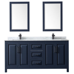 Daria 72 Inch Double Bathroom Vanity in Dark Blue White Carrara Marble Countertop Undermount Square Sinks Matte Black Trim 24 Inch Mirrors