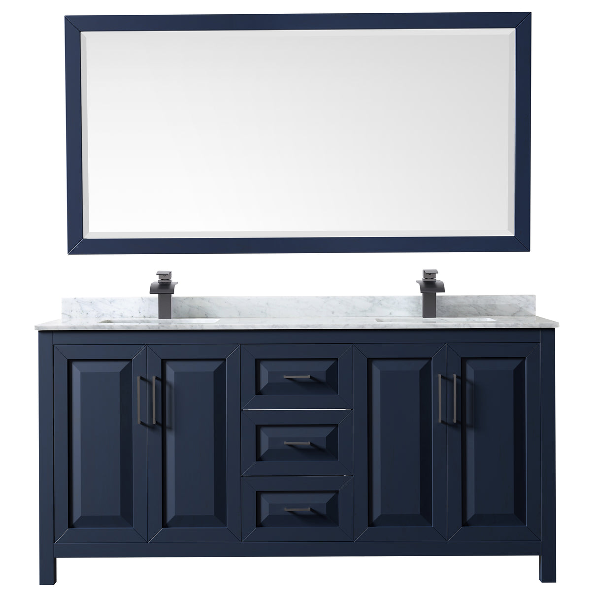 Daria 72 Inch Double Bathroom Vanity in Dark Blue White Carrara Marble Countertop Undermount Square Sinks Matte Black Trim 70 Inch Mirror
