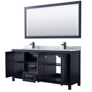 Daria 72 Inch Double Bathroom Vanity in Dark Blue White Carrara Marble Countertop Undermount Square Sinks Matte Black Trim 70 Inch Mirror