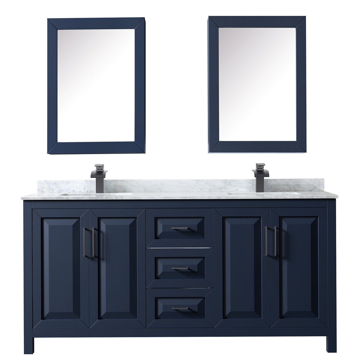 Daria 72 Inch Double Bathroom Vanity in Dark Blue White Carrara Marble Countertop Undermount Square Sinks Matte Black Trim Medicine Cabinets