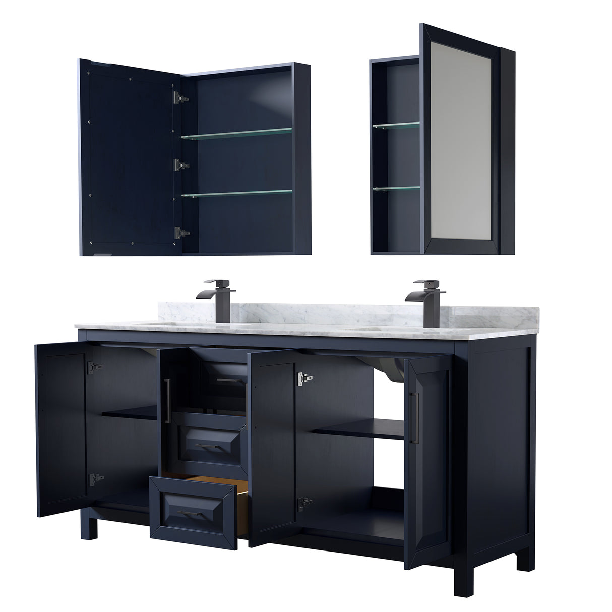 Daria 72 Inch Double Bathroom Vanity in Dark Blue White Carrara Marble Countertop Undermount Square Sinks Matte Black Trim Medicine Cabinets