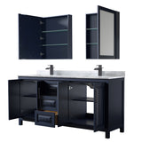 Daria 72 Inch Double Bathroom Vanity in Dark Blue White Carrara Marble Countertop Undermount Square Sinks Matte Black Trim Medicine Cabinets