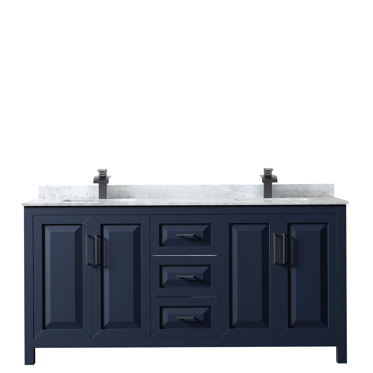 Daria 72 Inch Double Bathroom Vanity in Dark Blue White Carrara Marble Countertop Undermount Square Sinks Matte Black Trim