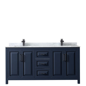 Daria 72 Inch Double Bathroom Vanity in Dark Blue White Carrara Marble Countertop Undermount Square Sinks Matte Black Trim