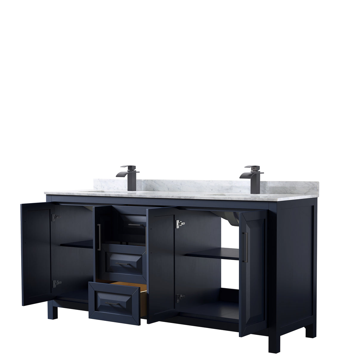 Daria 72 Inch Double Bathroom Vanity in Dark Blue White Carrara Marble Countertop Undermount Square Sinks Matte Black Trim