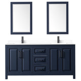 Daria 72 Inch Double Bathroom Vanity in Dark Blue White Cultured Marble Countertop Undermount Square Sinks Matte Black Trim 24 Inch Mirrors