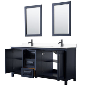 Daria 72 Inch Double Bathroom Vanity in Dark Blue White Cultured Marble Countertop Undermount Square Sinks Matte Black Trim 24 Inch Mirrors