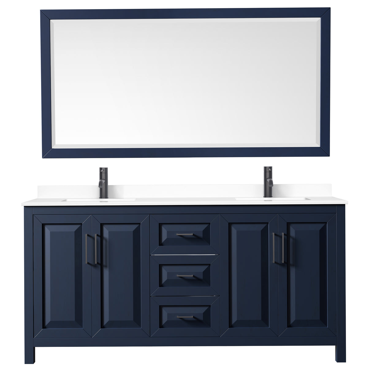 Daria 72 Inch Double Bathroom Vanity in Dark Blue White Cultured Marble Countertop Undermount Square Sinks Matte Black Trim 70 Inch Mirror