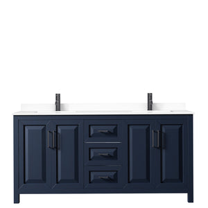 Daria 72 Inch Double Bathroom Vanity in Dark Blue White Cultured Marble Countertop Undermount Square Sinks Matte Black Trim