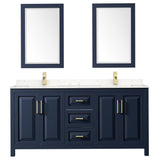 Daria 72 Inch Double Bathroom Vanity in Dark Blue Carrara Cultured Marble Countertop Undermount Square Sinks 24 Inch Mirrors
