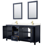 Daria 72 Inch Double Bathroom Vanity in Dark Blue Carrara Cultured Marble Countertop Undermount Square Sinks 24 Inch Mirrors