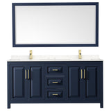 Daria 72 Inch Double Bathroom Vanity in Dark Blue Carrara Cultured Marble Countertop Undermount Square Sinks 70 Inch Mirror