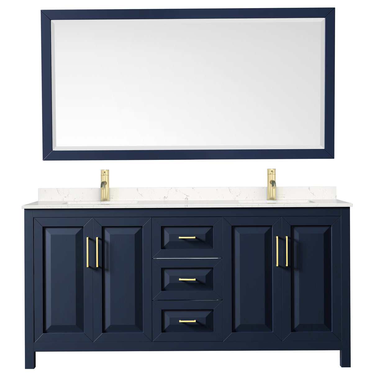 Daria 72 Inch Double Bathroom Vanity in Dark Blue Carrara Cultured Marble Countertop Undermount Square Sinks 70 Inch Mirror