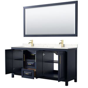 Daria 72 Inch Double Bathroom Vanity in Dark Blue Carrara Cultured Marble Countertop Undermount Square Sinks 70 Inch Mirror