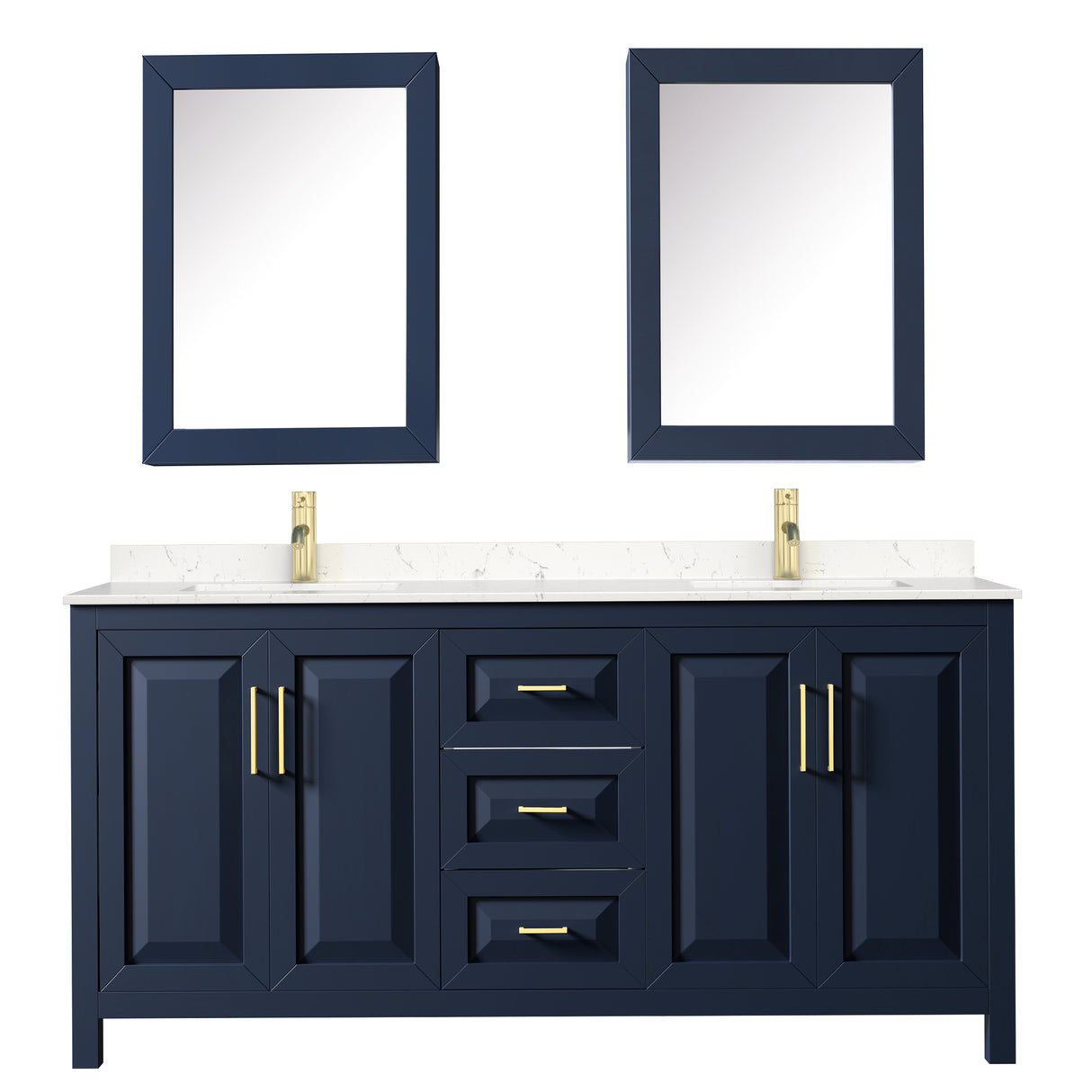 Daria 72 Inch Double Bathroom Vanity in Dark Blue Carrara Cultured Marble Countertop Undermount Square Sinks Medicine Cabinets