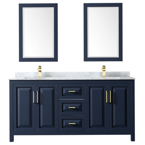 Daria 72 Inch Double Bathroom Vanity in Dark Blue White Carrara Marble Countertop Undermount Square Sinks 24 Inch Mirrors