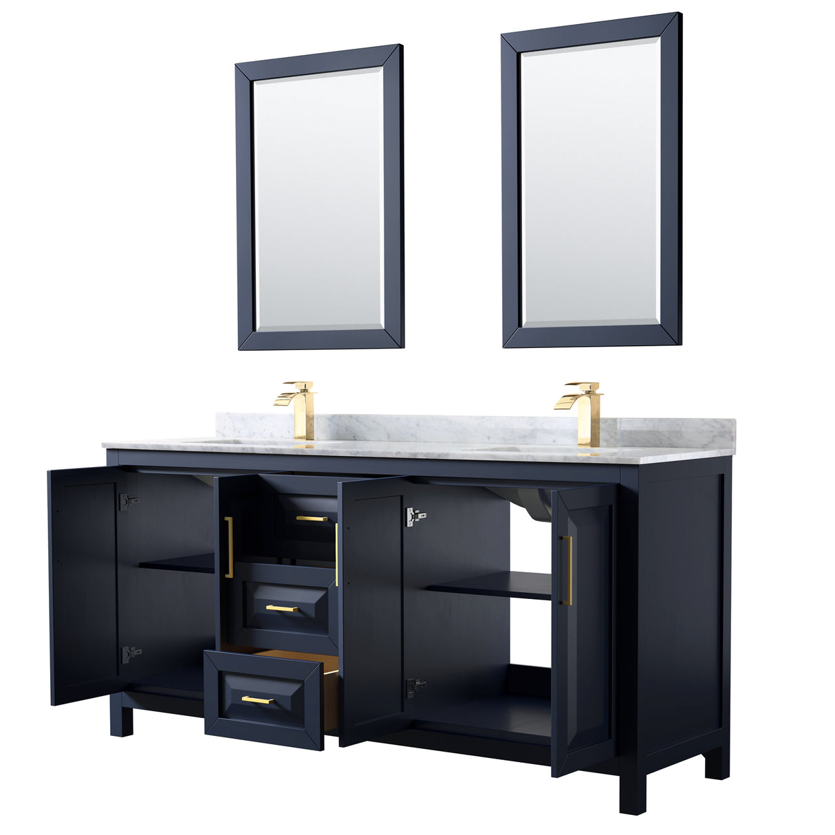 Daria 72 Inch Double Bathroom Vanity in Dark Blue White Carrara Marble Countertop Undermount Square Sinks 24 Inch Mirrors