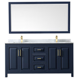 Daria 72 Inch Double Bathroom Vanity in Dark Blue White Carrara Marble Countertop Undermount Square Sinks 70 Inch Mirror